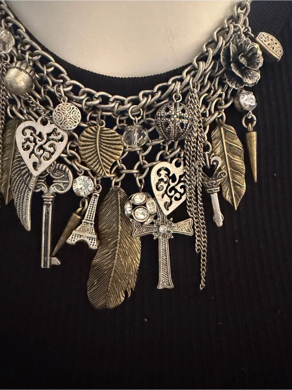 VTG Y2K Mixed Metal Chunky Charm Statement Necklace Boho Gothic Bib